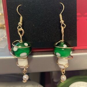 Handmade Green/Gold Mushroom Earrings